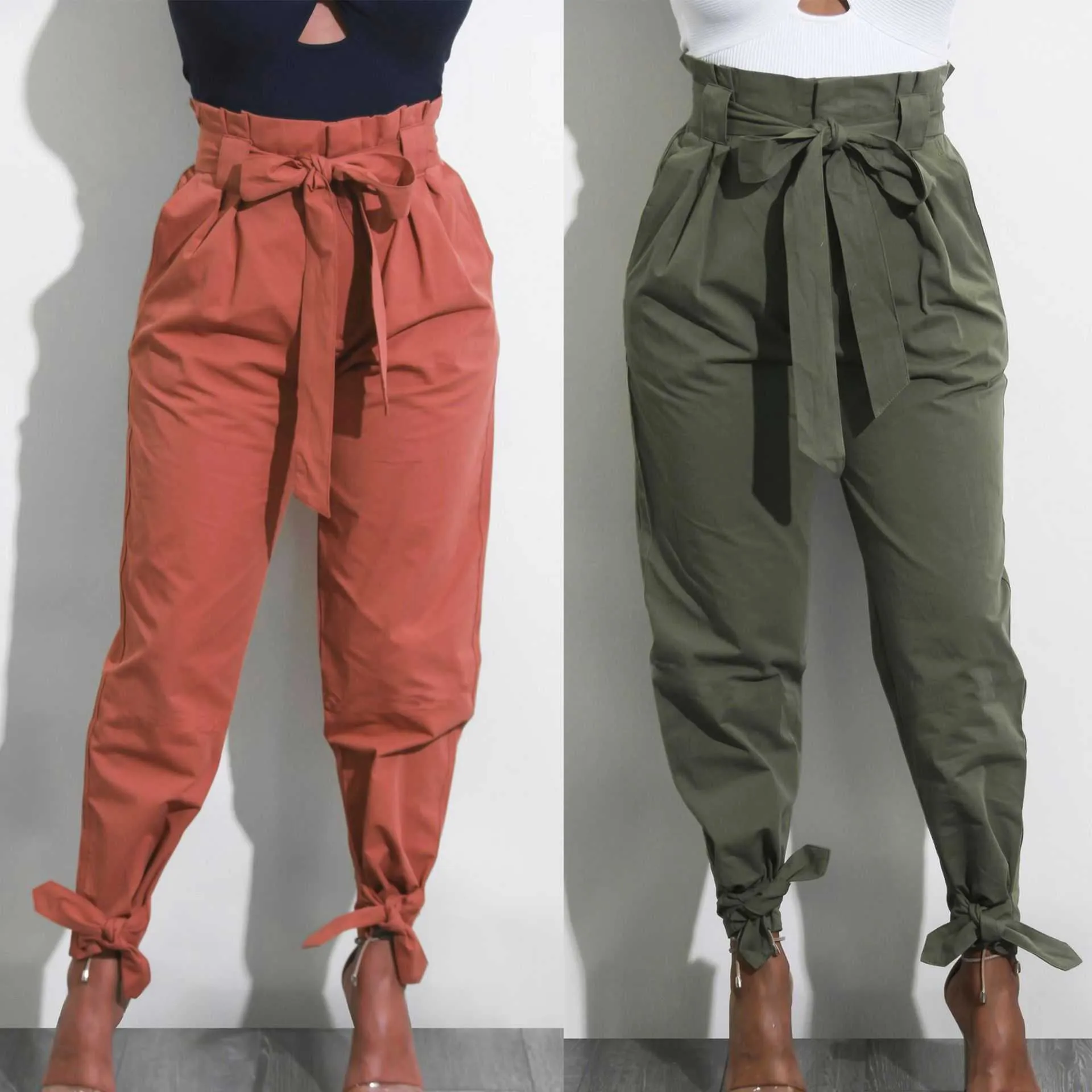 High Waisted Bow Tie Waist Cargo Pants Baggy Trousers