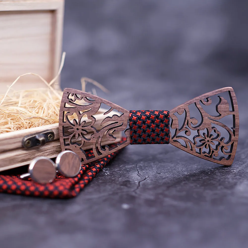 Hollow Floral Wood Bow Tie Set