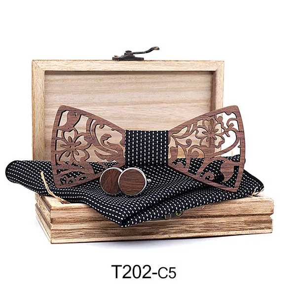 Hollow Floral Wood Bow Tie Set