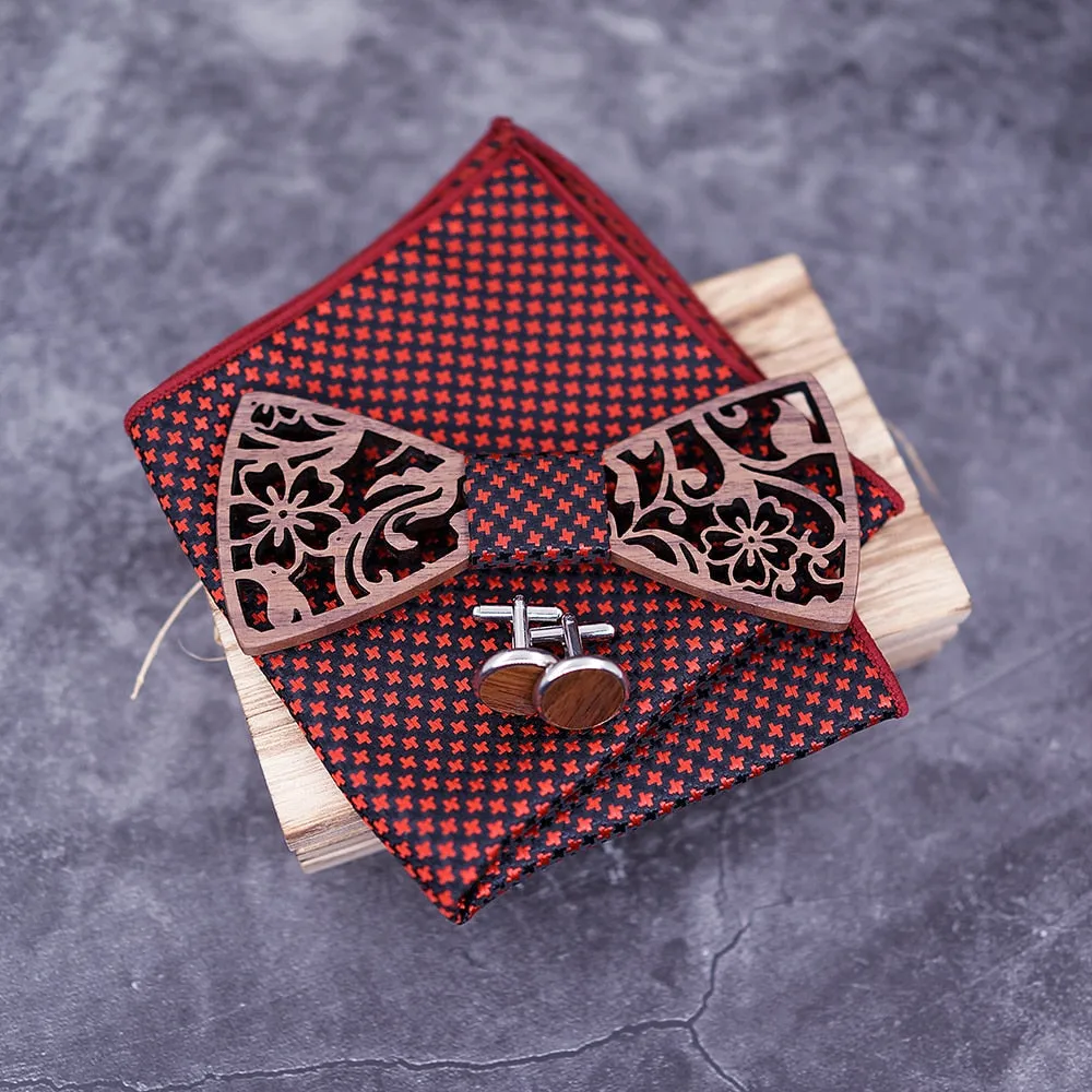 Hollow Floral Wood Bow Tie Set