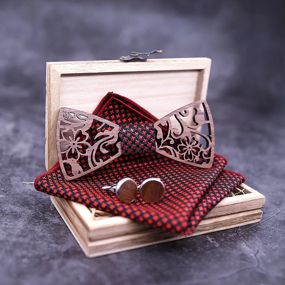 Hollow Floral Wood Bow Tie Set