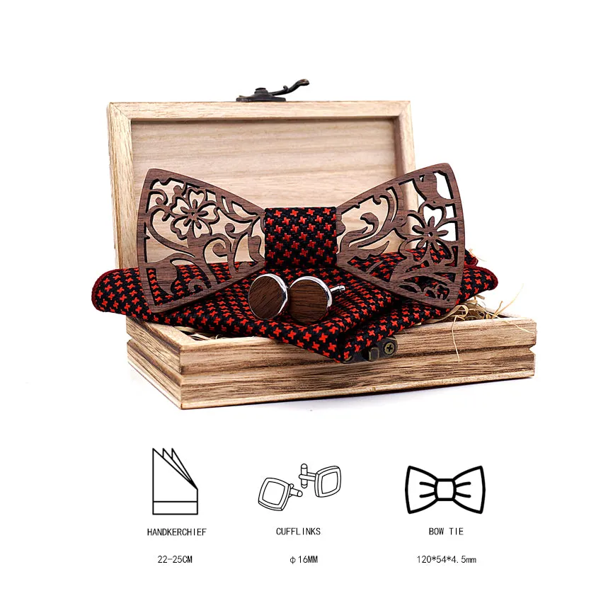 Hollow Floral Wood Bow Tie Set