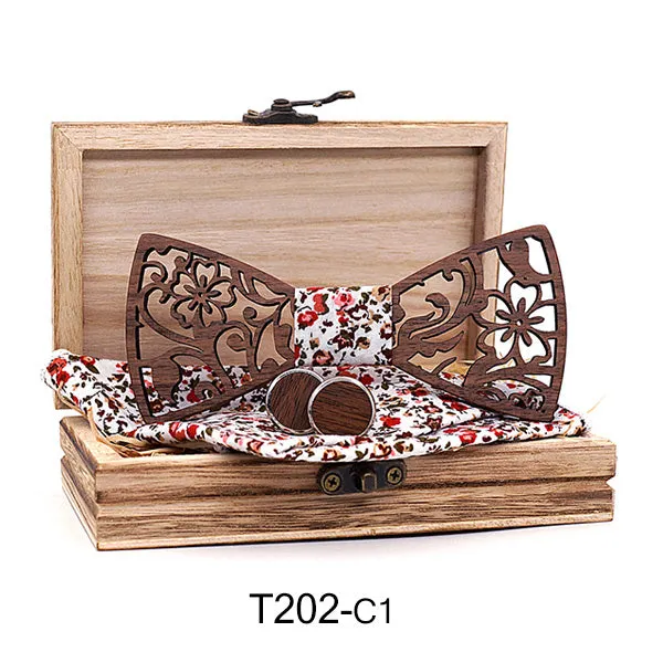 Hollow Floral Wood Bow Tie Set