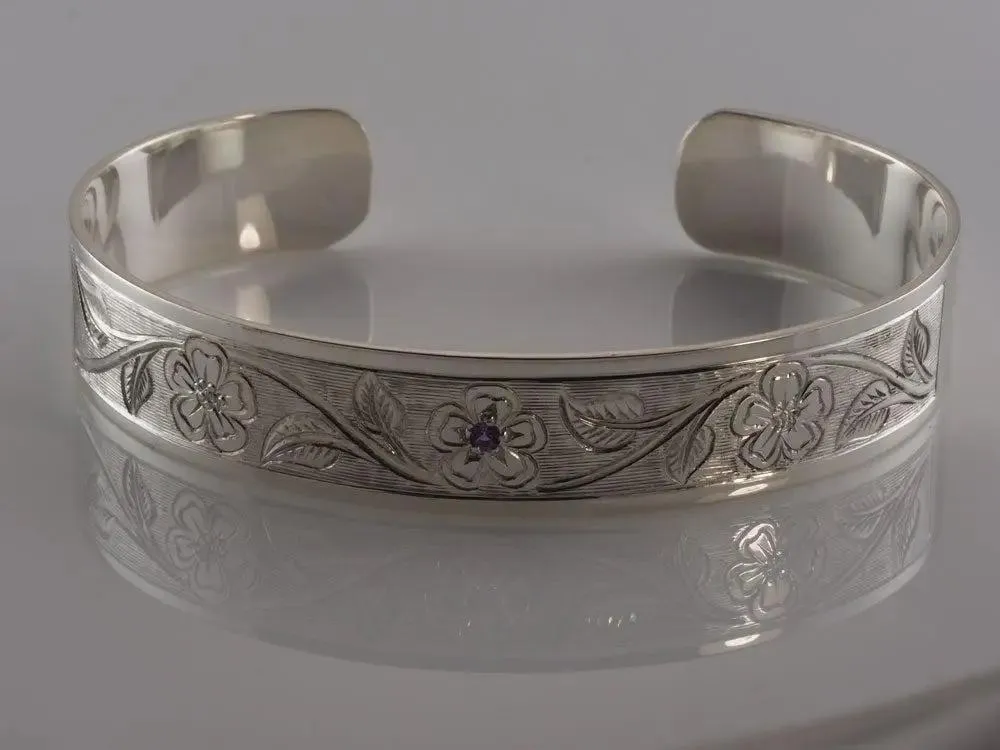 Ladies Sterling Silver Amethyst Cuff Bangle Flower Design