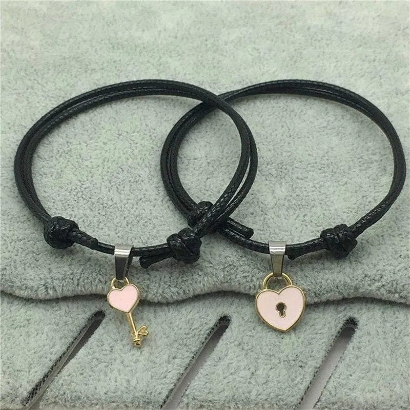 Matching Rope Bracelets with Key & Heart Lock Pendants