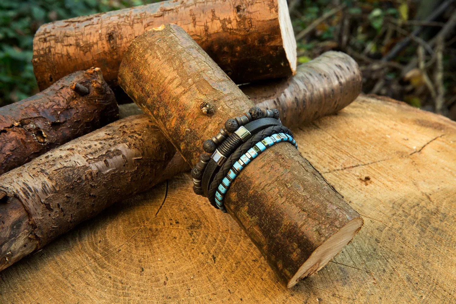 Men’s Natural Stone Beaded Bracelet, Set of 3 Bracelets with Gemstone Hematite Beaded Bracelet, Lava Stone Bracelet, Leather Bracelet