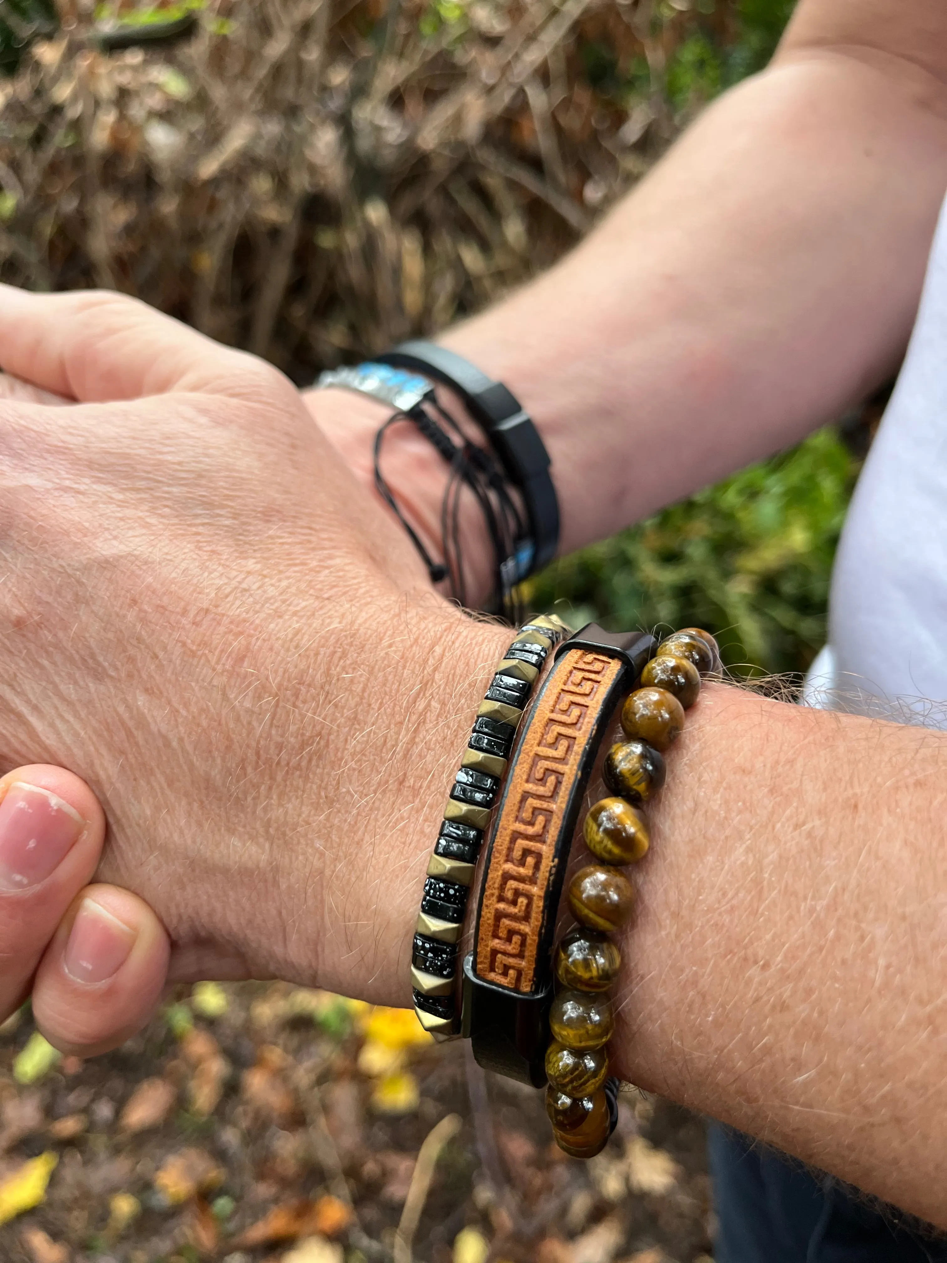 Men’s Natural Stone Beaded Bracelet, Set of 3 Bracelets with Gemstone Hematite Beaded Bracelet, Tiger Eye Bracelet, Leather Bracelet