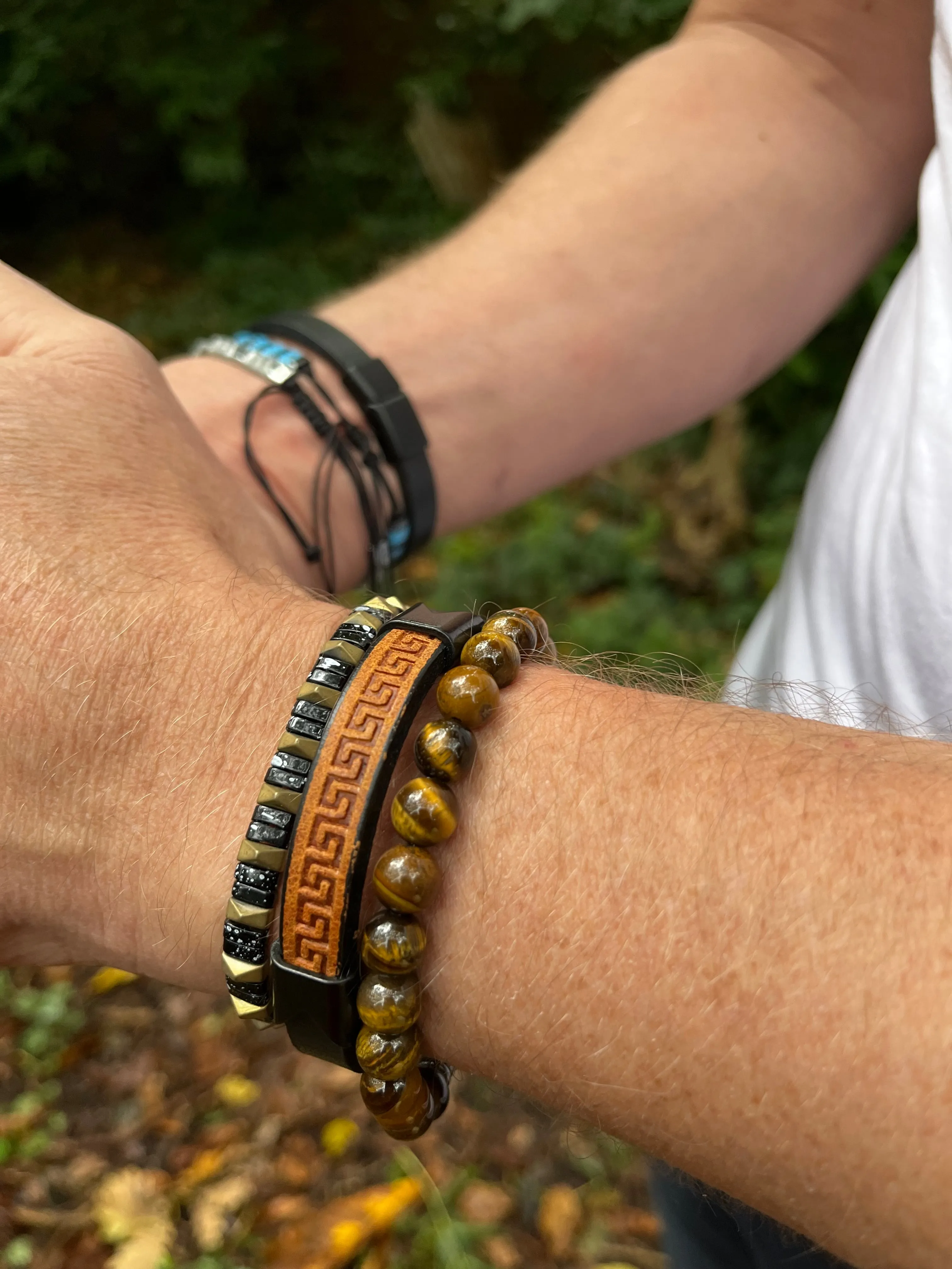 Men’s Natural Stone Beaded Bracelet, Set of 3 Bracelets with Gemstone Hematite Beaded Bracelet, Tiger Eye Bracelet, Leather Bracelet