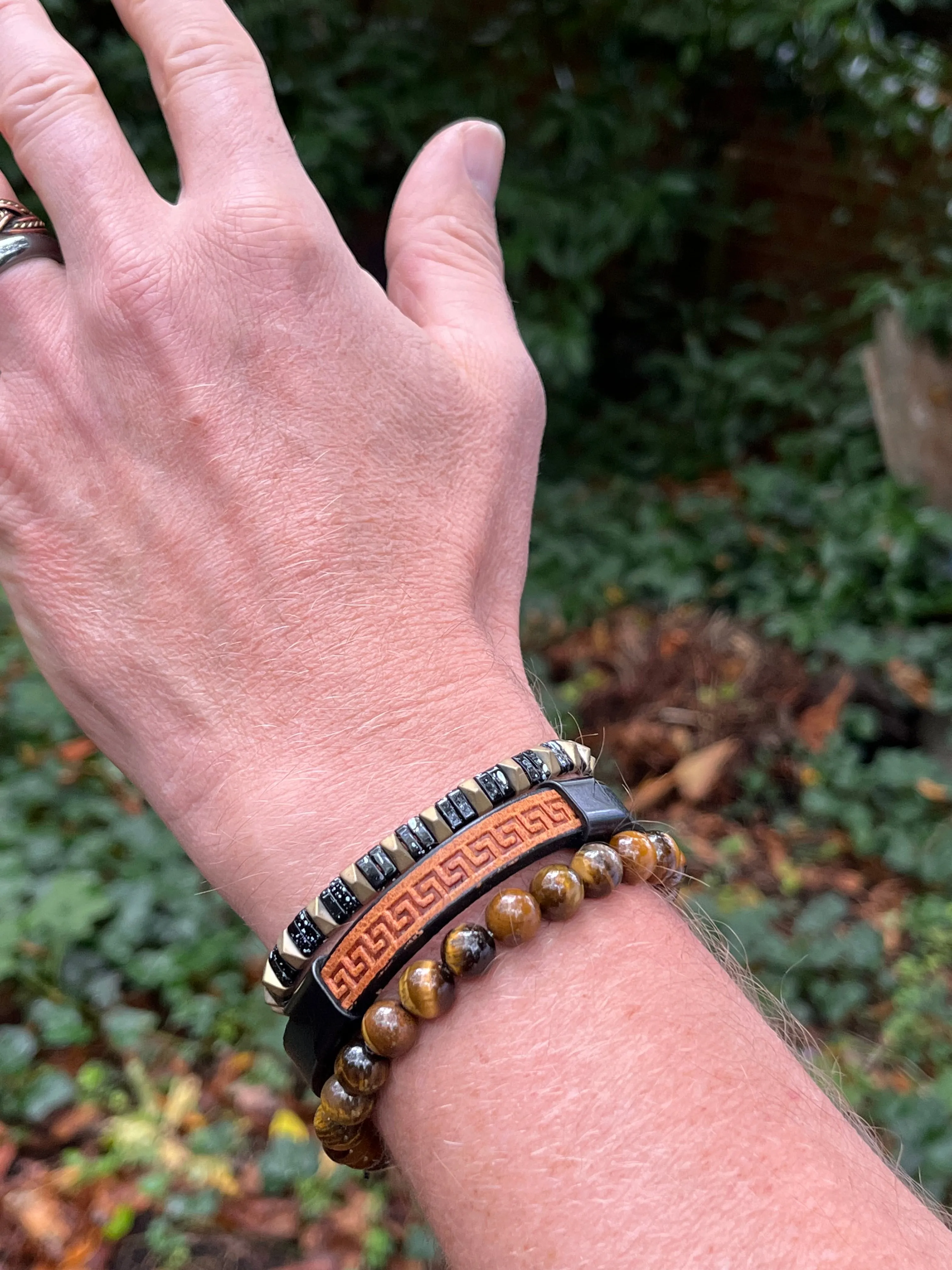 Men’s Natural Stone Beaded Bracelet, Set of 3 Bracelets with Gemstone Hematite Beaded Bracelet, Tiger Eye Bracelet, Leather Bracelet