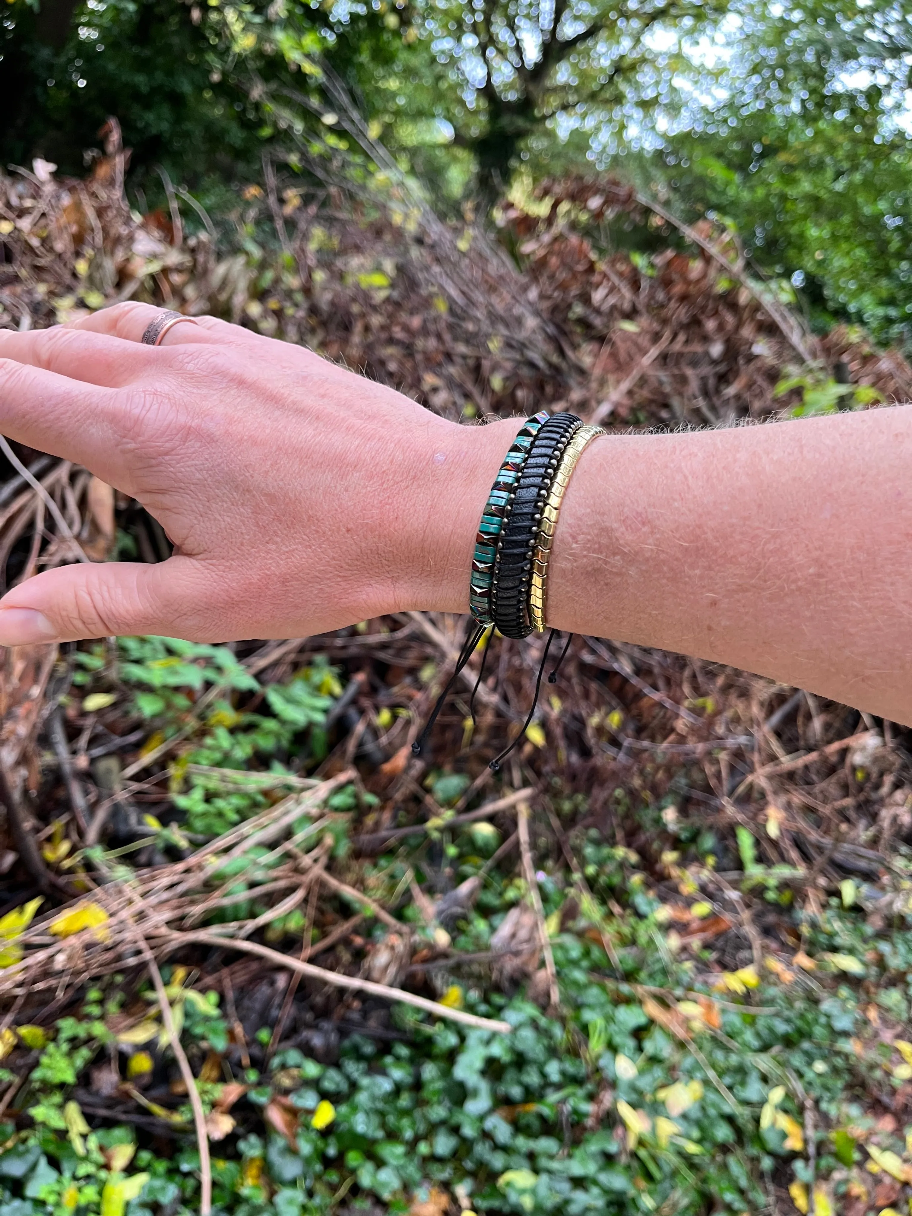 Men’s Natural Stone Beaded Bracelet, Set of 3 Bracelets with Gemstone Hematite Beaded Bracelets and Genuine Leather and Brass Bracelet