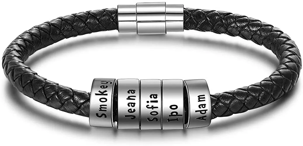 Custom Mens Leather Bracelet with Silver Name Charms - Hand Stamped ID Beads