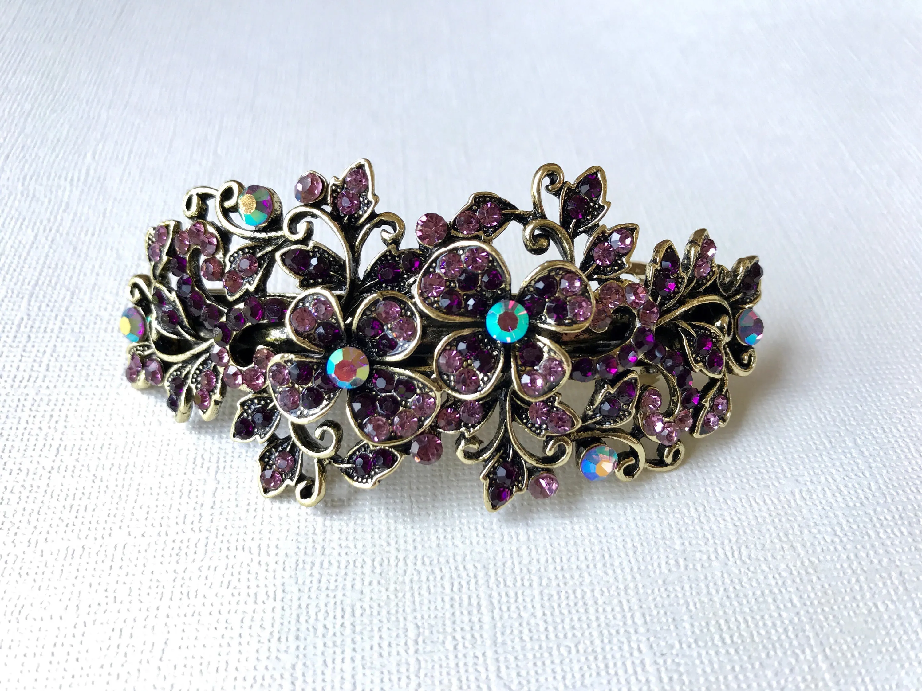 Sale! Vintage Purple Hair Accessory, Rhinestone Hair clip, Bridesmaids hair accessory, purple prom hair barrette, purple flower leaf hair cl