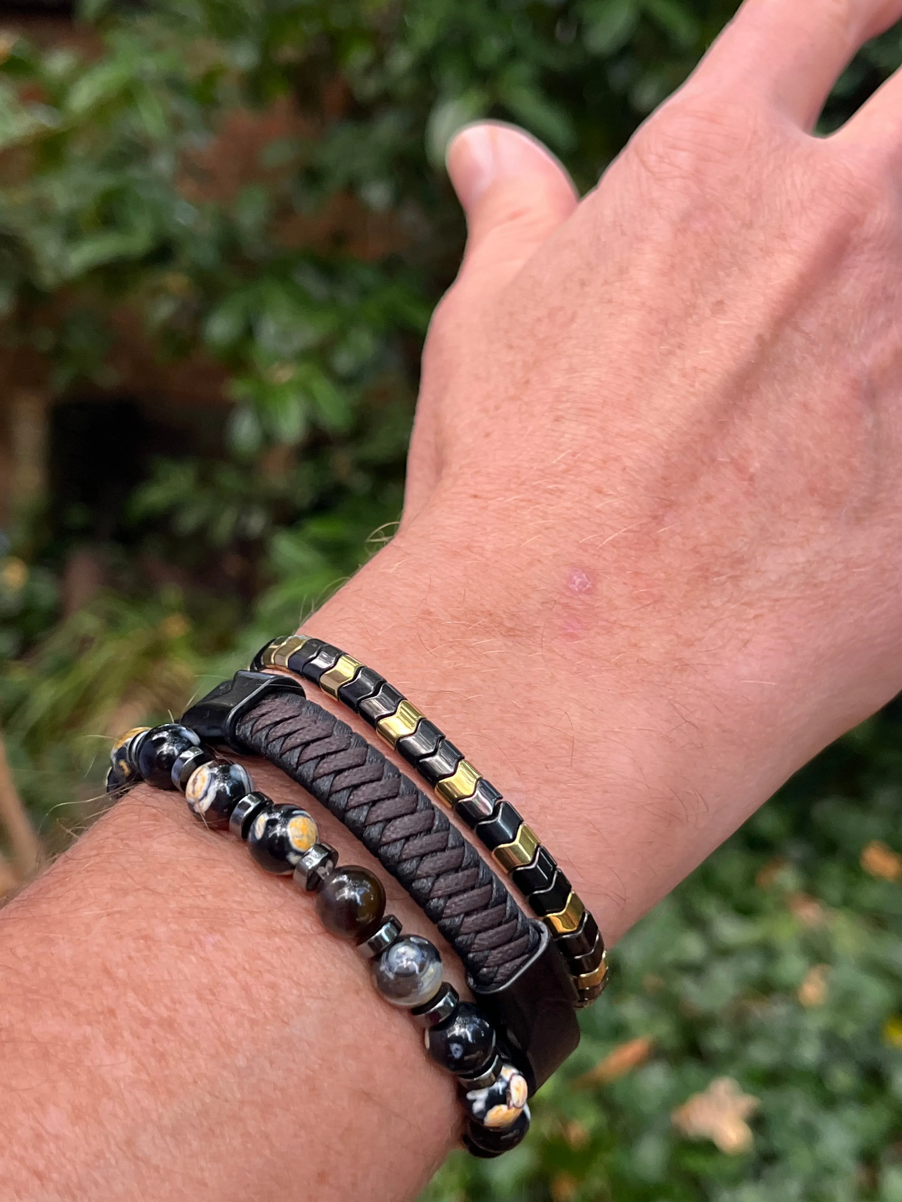 Set of 3 Bracelets with Gemstone Hematite Orange / Black Beaded Bracelet with Arrow Shape Hematite Bracelet and Leather Bracelet,Men’s Natural Stone Beaded Bracelets