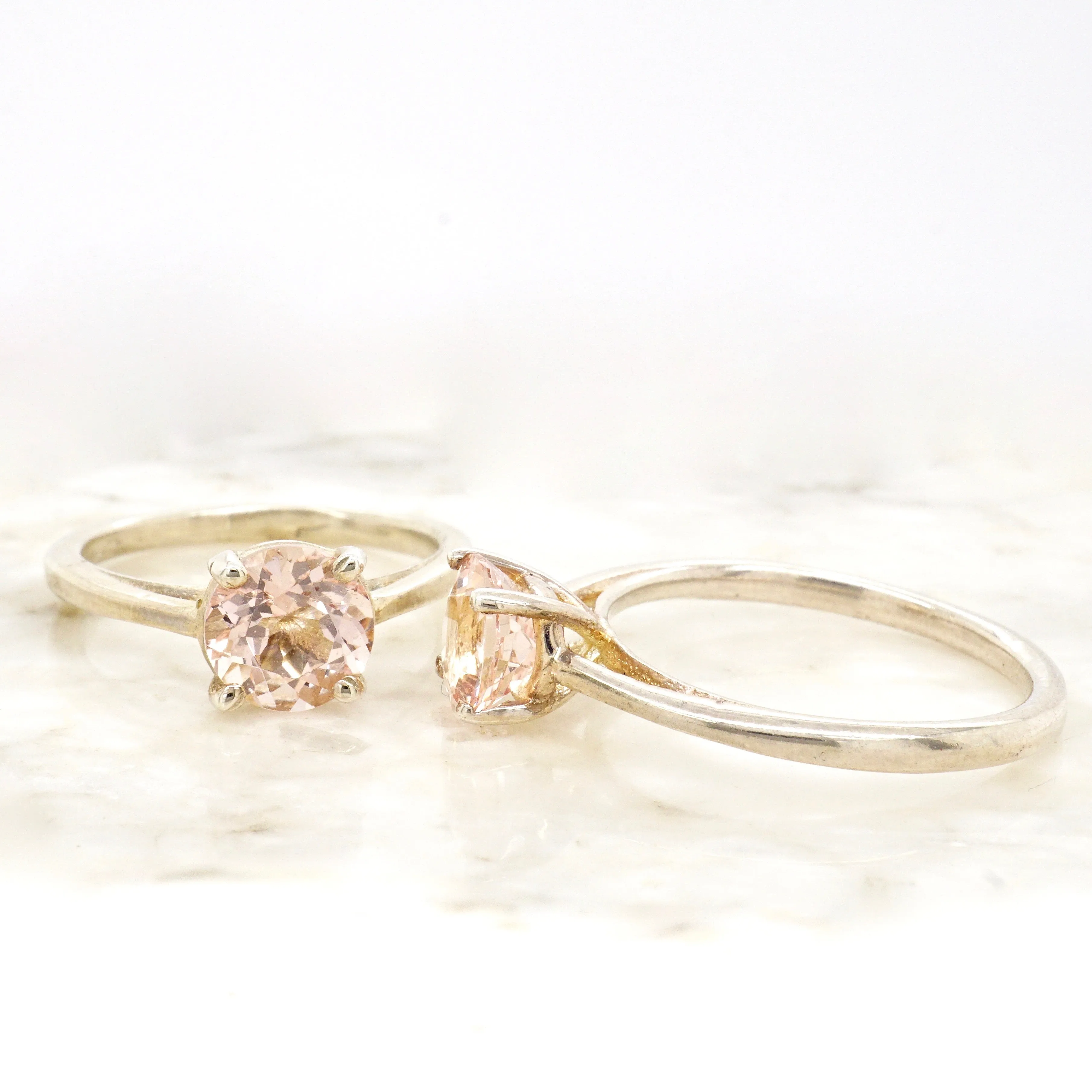 Silver Morganite Solitaire Ring - Round Morganite Sterling Ring - Women's Morganite Rings