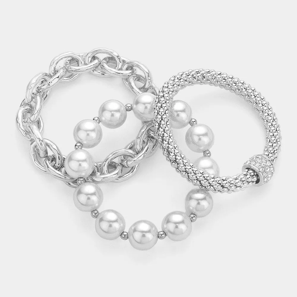 Silver Pearl Chain Stretch Layered Bracelets-M H W ACCESSORIES