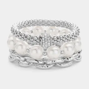 Silver Pearl Chain Stretch Layered Bracelets-M H W ACCESSORIES