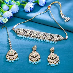 Sukkhi Aqua Gold Plated Reverse AD & Pearl Choker Necklace Set For Women