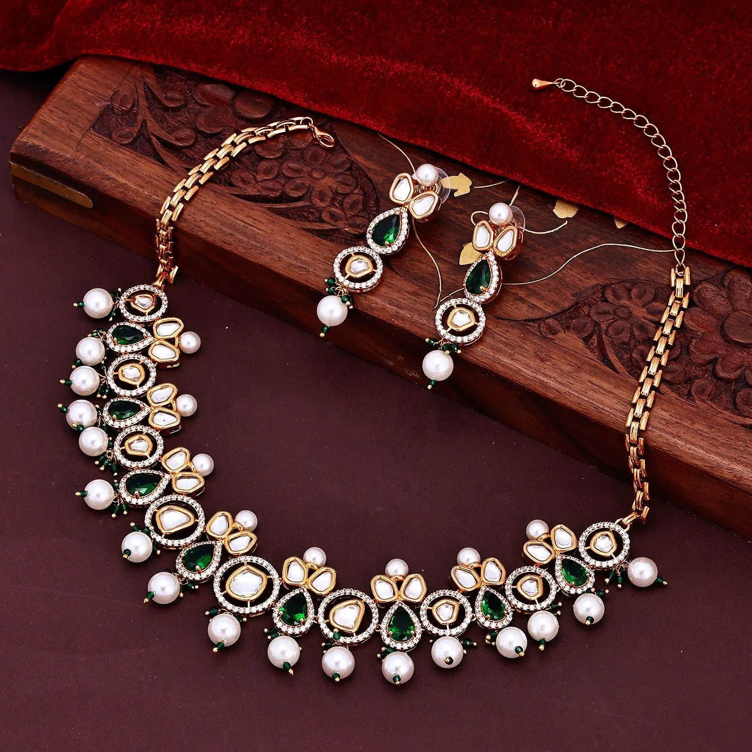 Sukkhi Attractive Pearl & CZ Choker Green Gold Plated Necklace Set For Women