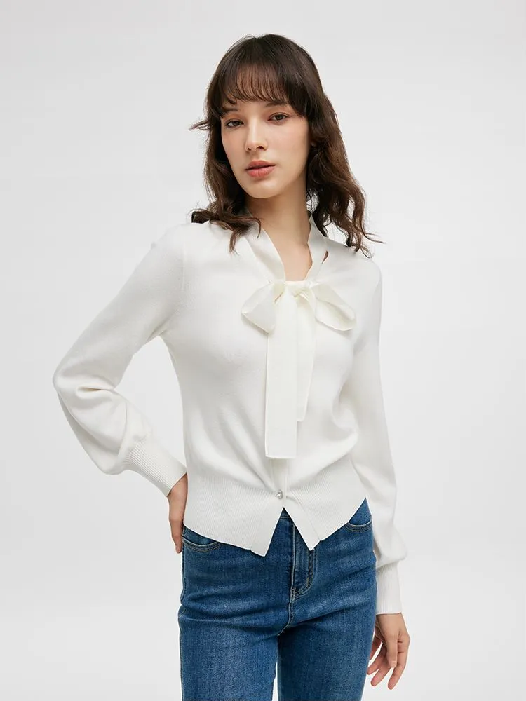 Tencel Wool Bow Tie Neck Women Cardigan