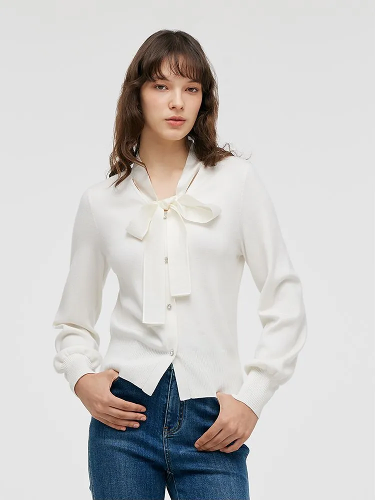 Tencel Wool Bow Tie Neck Women Cardigan