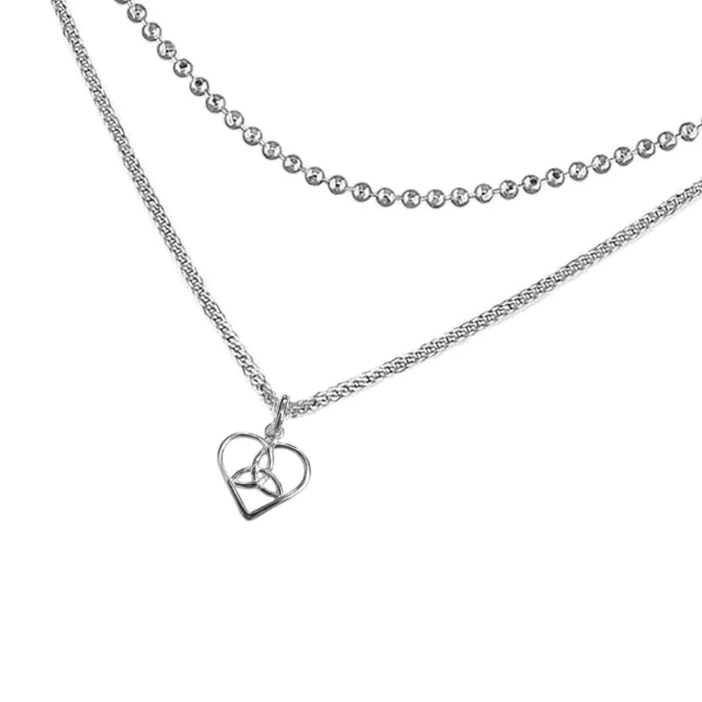 Trinity Heart Silver Choker Double Chain Necklace