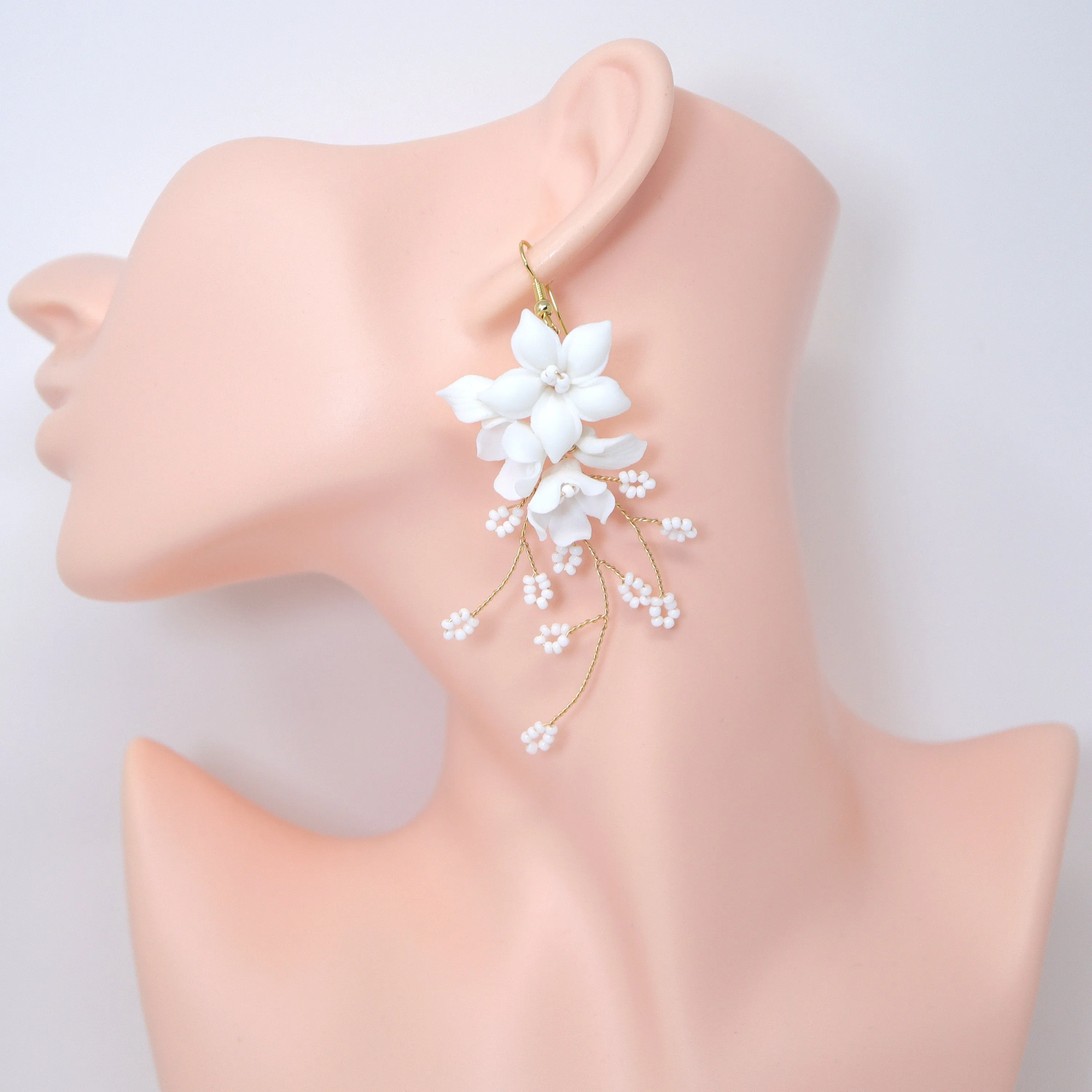 White Flower Floral Vine Earrings, Long Bridal Jewelry Bridal Earrings Crystal Bridal Earrings Statement Earrings Cz