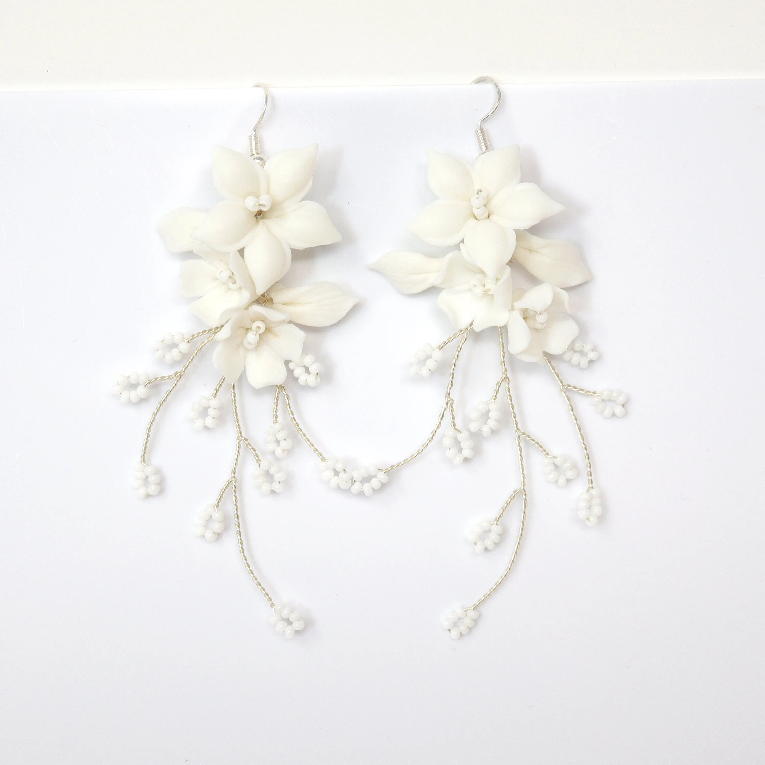 White Flower Floral Vine Earrings, Long Bridal Jewelry Bridal Earrings Crystal Bridal Earrings Statement Earrings Cz