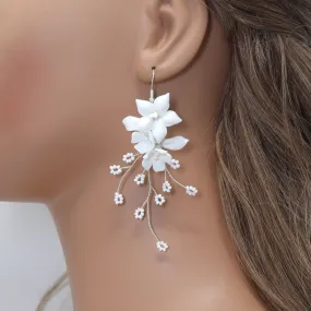 White Flower Floral Vine Earrings, Long Bridal Jewelry Bridal Earrings Crystal Bridal Earrings Statement Earrings Cz