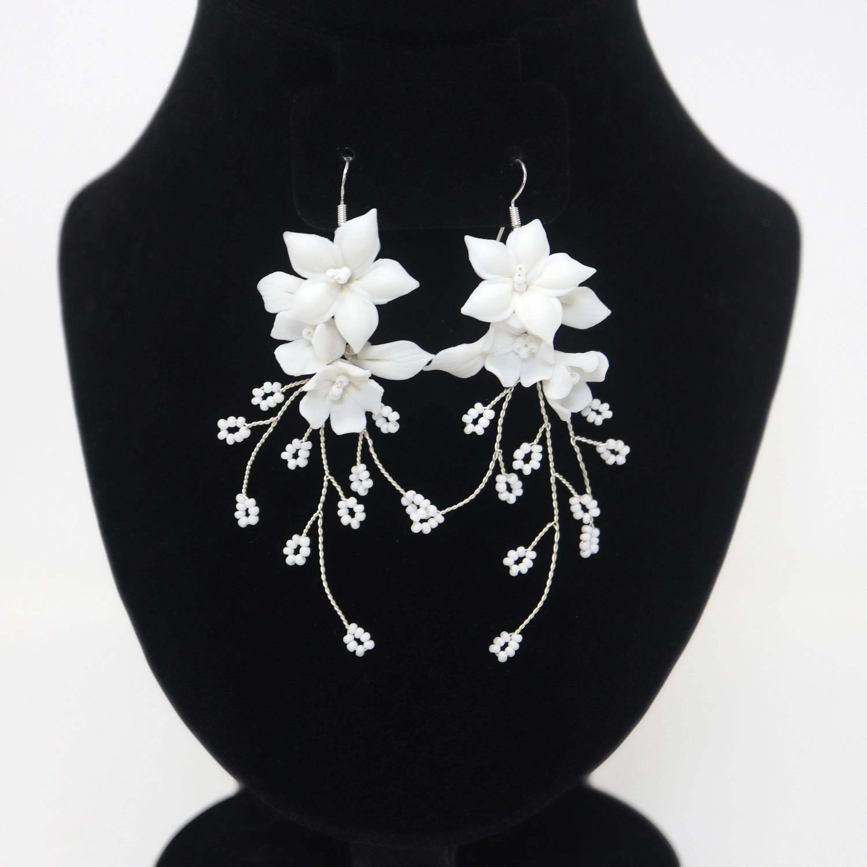 White Flower Floral Vine Earrings, Long Bridal Jewelry Bridal Earrings Crystal Bridal Earrings Statement Earrings Cz